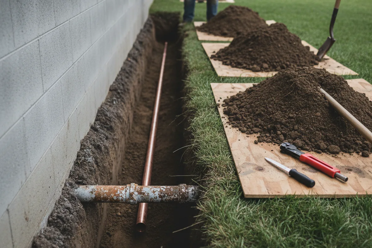 Excavated water line trench during Water Heater Repair in Vienna